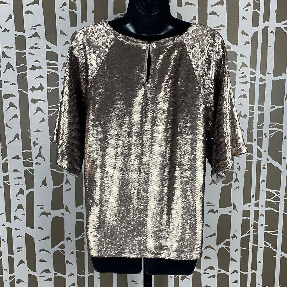 Skies Are Blue Gold Paillette Sequin Half Sleeve Top sz M - Picture 3 of 8